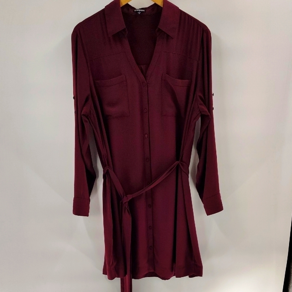 EXPRESS Button Down V Neck Dress Size XL Long Sleeve Shift Roll And Tack Sleeve